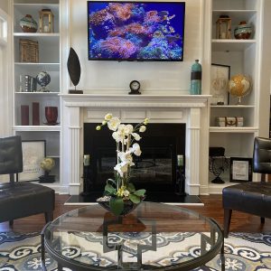 Clubhouse Sitting Room With Bookshelves and Fireplace