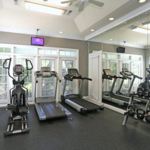 Gym wtih two treadmills, an elliptical machine, recumbent bike and kettle bells.